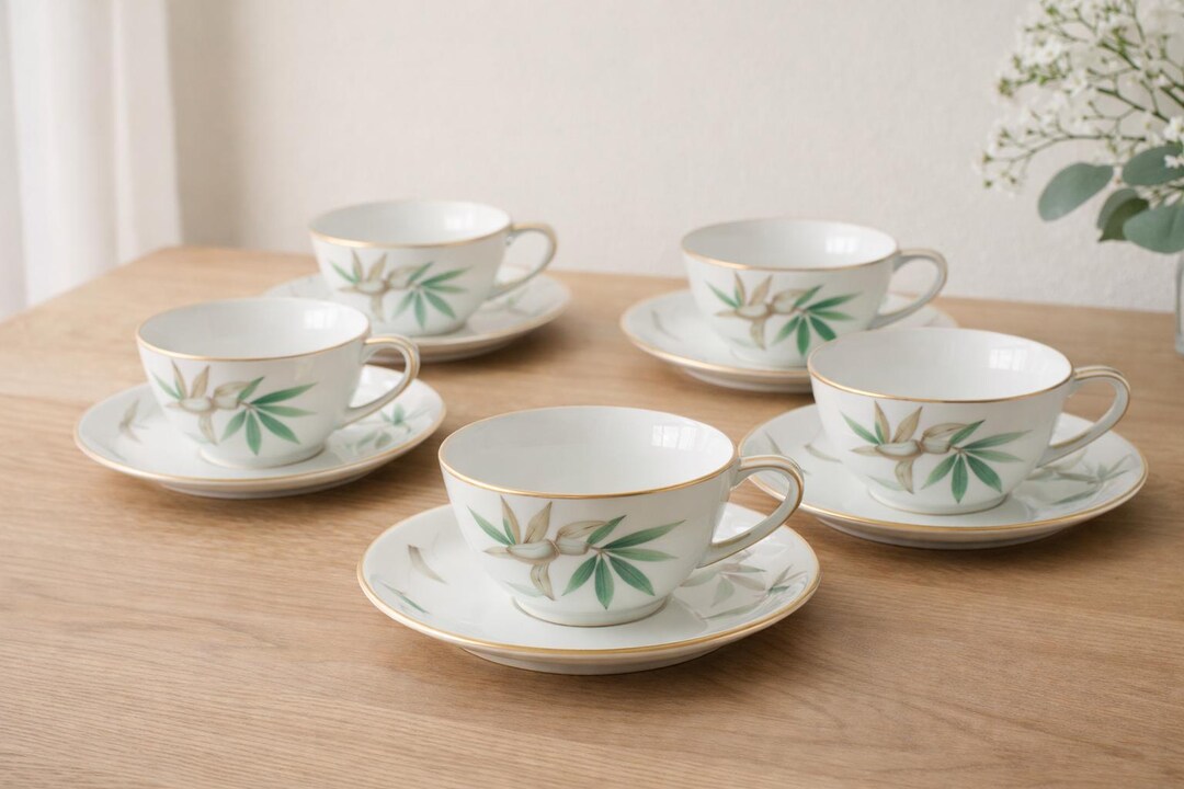 Vintage Noritake Bamboo Tea Set – 5 Cups, 5 Saucers – Mid Century