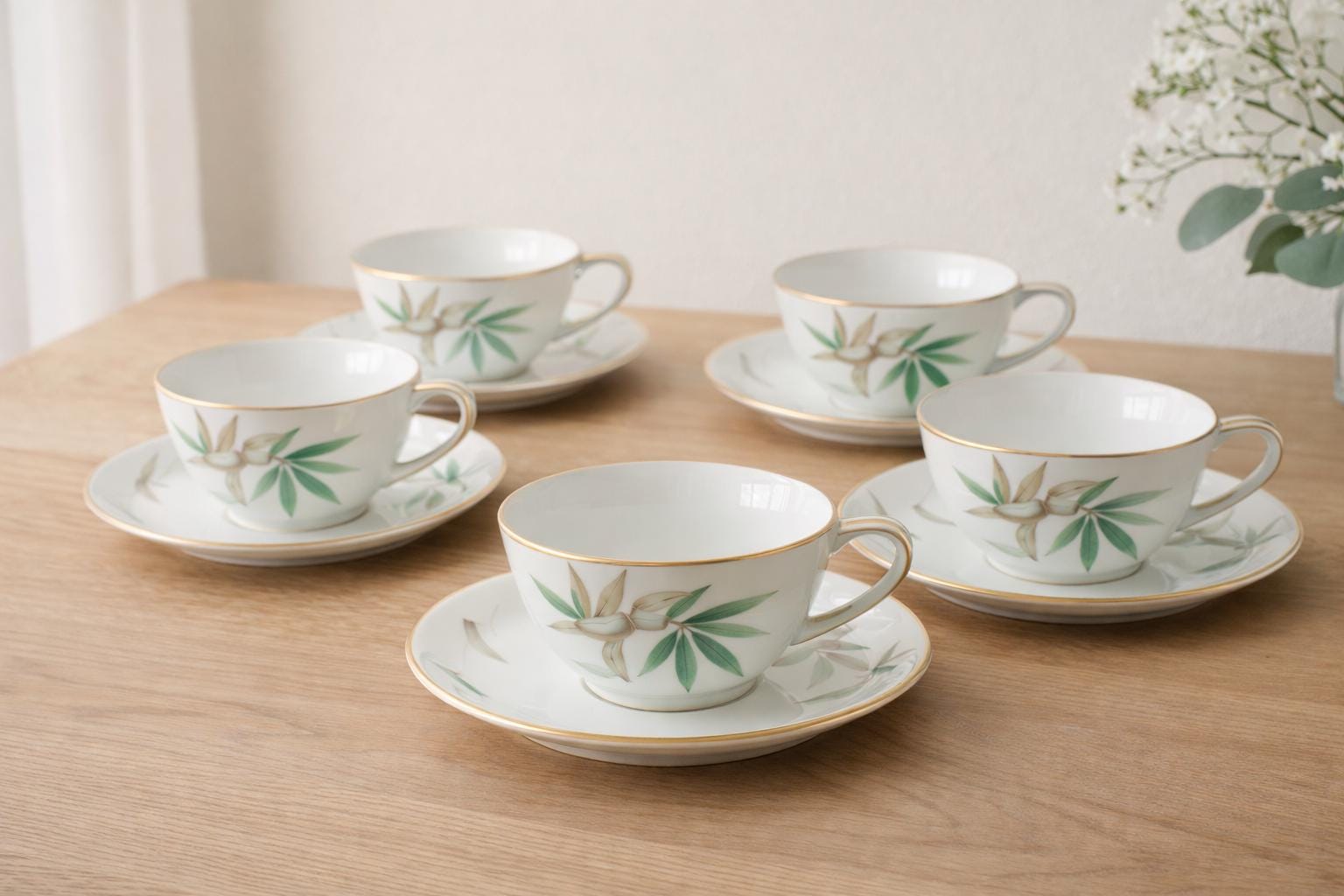Vintage Noritake Bamboo Tea Set – 5 Cups, 5 Saucers – Mid Century