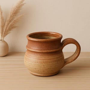 Puede incluir: Una taza de gres hecha a mano, con un cuerpo redondeado y un asa robusta. La taza presenta un esquema de color de dos tonos, con un borde y un asa marrón oscuro, que pasa a una base de color beige claro. La taza mide unos 10 cm de alto.
