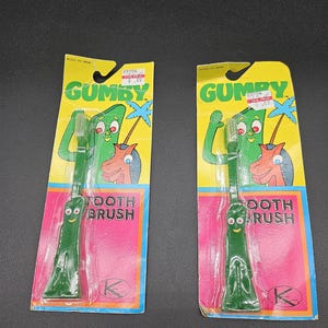Set di spazzolini da denti Gumby vintage del 1988 – Sigillati su carta originale – Oggetto da collezione in stile cartone animato retrò anni '80 – San Kay Inc.