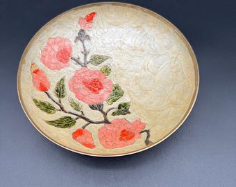 Stara mosiężna misa emaliowana – Floral Champlevé, wyprodukowana w Indiach