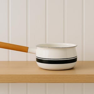 Vintage White Enamel Saucepan with Wood Handle | Mid-Century Modern Striped Pot | Scandinavian Minimalist Kitchenware