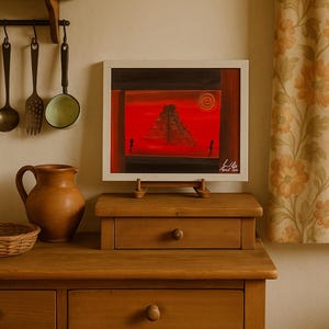 Könnte beinhalten: Ein gerahmtes Gemälde einer roten Landschaft mit einer Pyramide und zwei Figuren. Das Kunstwerk wird auf einem kleinen Holzständer auf einem Holzschrank mit Schubladen ausgestellt. Die Szene spielt in einem warm getönten Raum mit Küchenutensilien und einem floralen Vorhang.