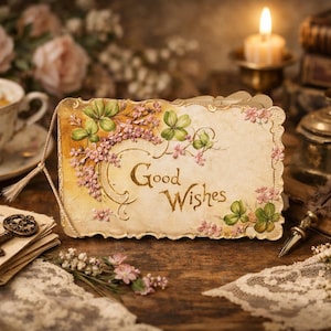 Puede incluir: Una tarjeta de estilo vintage con las palabras "Good Wishes" está adornada con diseños florales y de tréboles. También se ven una taza de té, libros y una vela encendida, creando una escena cálida. Una llave descansa sobre una pila de papeles viejos.