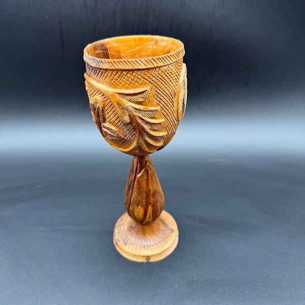 Vintage Hand-Carved Olive Wood Goblet – Israeli Wooden Chalice – Folk Art Table Decor Religious Display