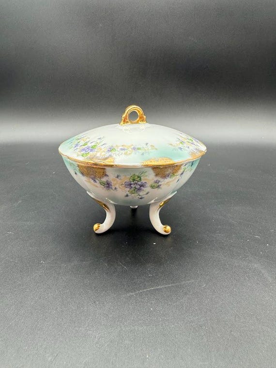 Vintage Lefton China Covered Dish – Hand-painted Violets, Gold
