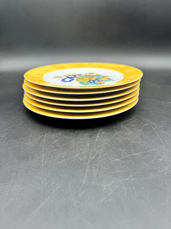 Set of 6 Bernardaud Limoges Plates – Yellow Rim Floral China