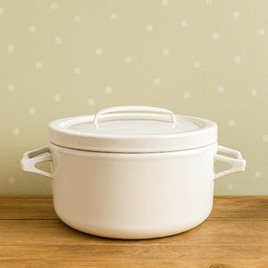Vintage White Enamel Cast Iron Dutch Oven | Mid-Century Modern Lidded Casserole Pot | Minimalist Dansk Style Cookware