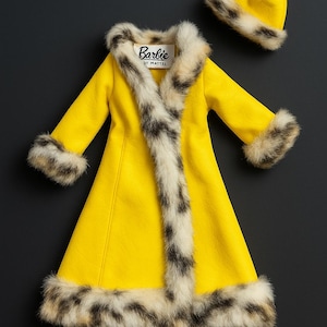 Vintage Barbie Outfit – The Great Coat #1495 (1969–1970) – Yellow Vinyl with Faux Fur Trim & Matching Hat