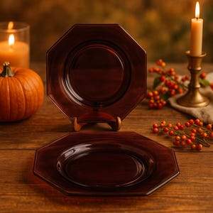 Juego de 3 platos octogonales vintage de vidrio color amatista, estilo Depression Glass, tono ciruela intenso.