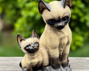 ヴィンテージシャム猫の置物 - 母猫と子猫の陶器彫刻 - ミッド