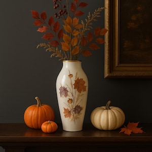 Könnte beinhalten: Ein Stillleben mit einer weißen Vase mit Herbstblattmustern, gefüllt mit Herbstlaub. Zwei orangefarbene Kürbisse und ein weißer Kürbis stehen vor der Vase. Ein gerahmtes Gemälde befindet sich im Hintergrund.