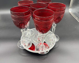 Vintage Ruby Red Cut-to-Clear Wine Goblets – Set of 6 Elegant Pressed Glass Stems
