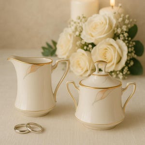 Noritake Fine China Creamer & Sugar Bowl with Lid | Auberlien 7498 | Calla Lily Pattern with Platinum and Gold Trim | 1990s Elegant Tea Set