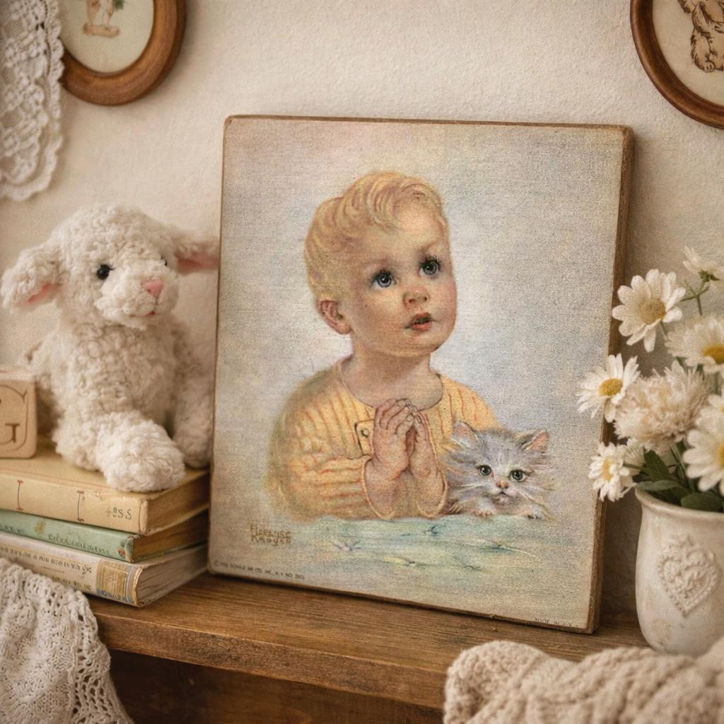 1958 Florence Kroger Praying Child & Kitten Plaque – Mid-century