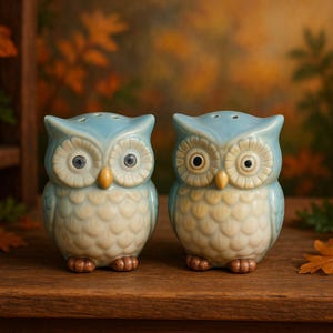 Vintage Ceramic Owl Salt & Pepper Shakers – Blue and Cream Woodland Pair, Mid-Century Charm- Decor