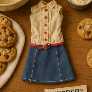 Vintage 1965 Mattel Skipper “Cookie Time” #1912 Dress – One-Piece Blouse & Skirt Outfit with Belt