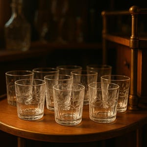 Vintage Pressed Glass Tumblers – Set of 8 | Leaf & Crosshatch Pattern | Mid-Century Barware Elegance