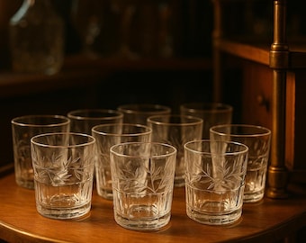 Vintage Pressed Glass Tumblers – Set of 8 | Leaf & Crosshatch Pattern | Mid-Century Barware Elegance