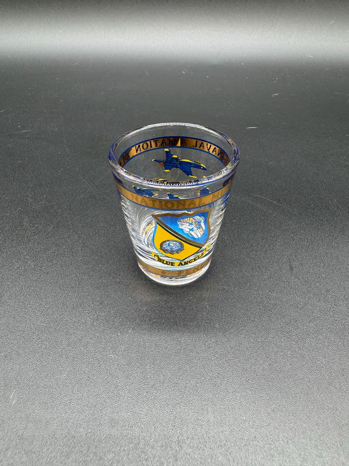 Vintage Blue Angels Shot Glass – U.S. Navy Naval Aviation Collectible – Blue & Gold Souvenir Glass with Jet and Crest