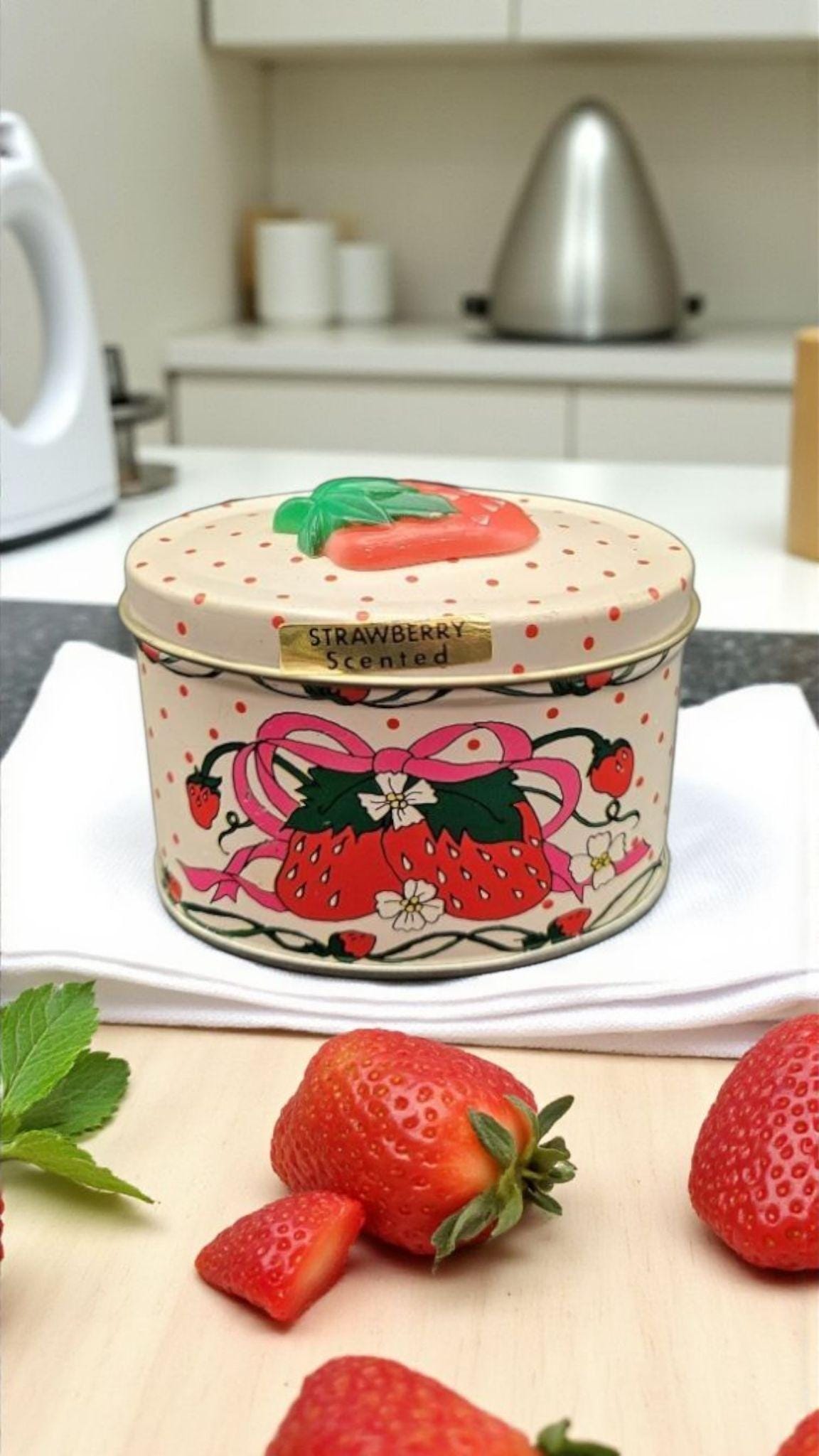 Vintage Strawberry Scented Candle Tin – 1980s Hong Kong