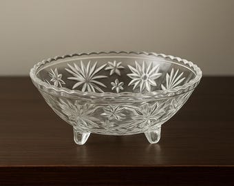 Vintage Pressed Glass Pedestal Bowl – Floral Starburst Pattern – Mid Century Table Decor