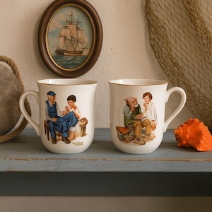 Pair of Vintage Norman Rockwell Collector Mugs | “The Lighthouse Keeper’s Daughter” & “The Cobbler” | Museum Collection, 1980s