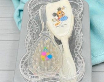 Vintage Disney Baby Grooming Set – Mickey Mouse Brush Comb & Rattle – Nursery Gift Set – 1980s Baby Keepsake