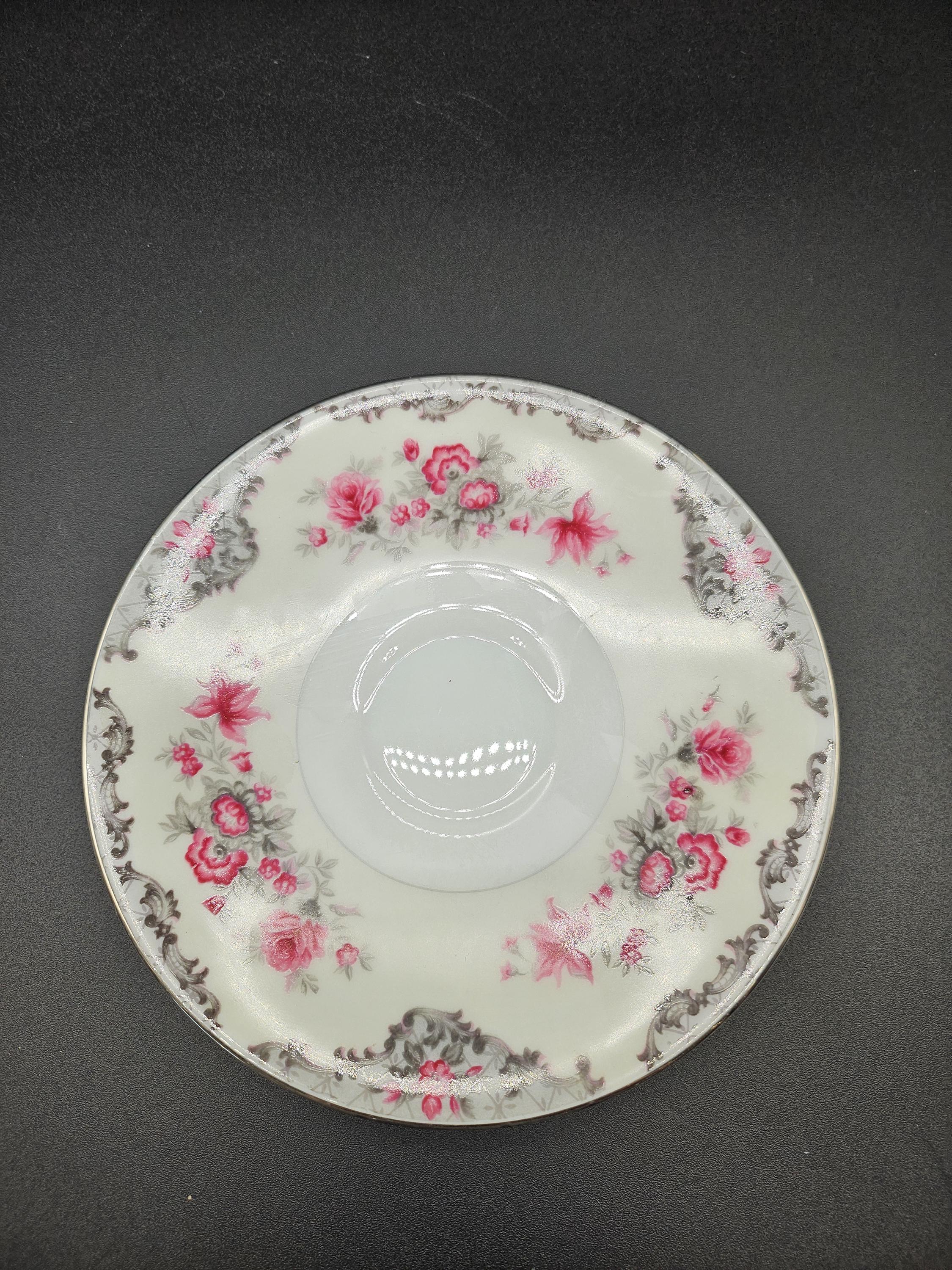 Vintage “corsage” by Meito Japan – Pink Rose Saucer – Silver