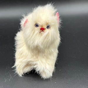 Vintage White Fluffy Cat Plush – Pink Ribbon Bow | Mid-Century Japan Kitten Figurine