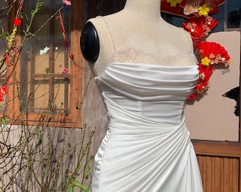 Simple Satin Mermaid Wedding Dress: Strapless Beaded Bridal Gown, wedding dress reception Custom Size