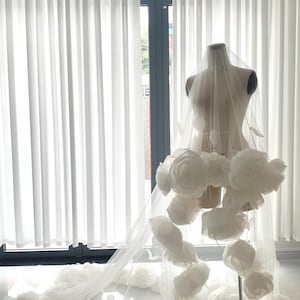 3D Floral Wedding Veil: Blooming Flower Bridal Veil, Cathedral Length