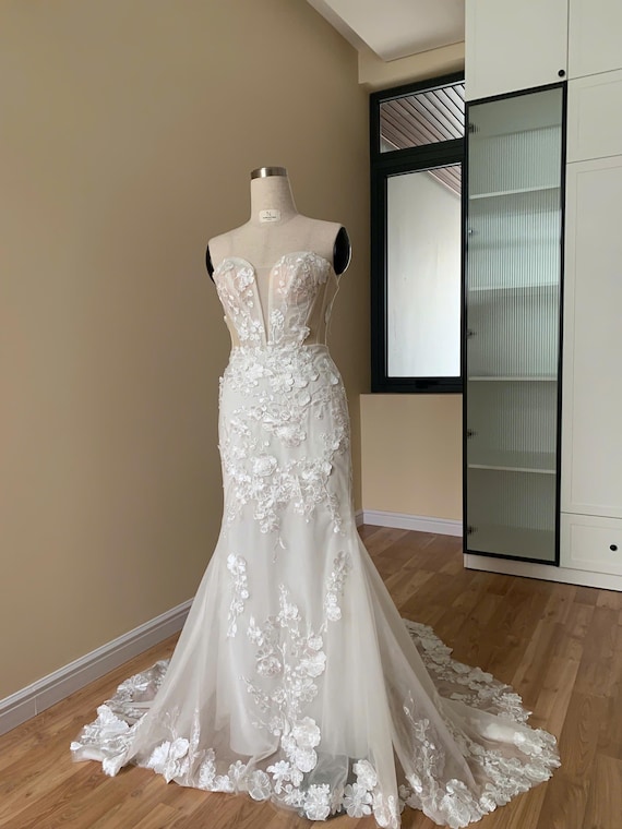 slim fit dress slacks STRAPLESS BEADED LACE & TULLE MERMAID GOWN BY AMELIA COUTURE 7090 – Bridal  Hive main image 0