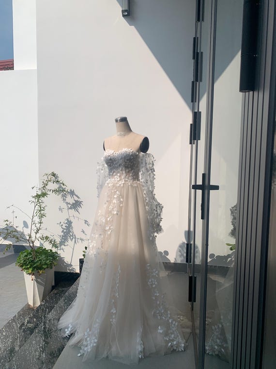Floral Lace Wedding Dress: Romantic Garden Bridal Gown- wedding dress sleeves - boho wedding dress -custom wedding dress -Boho Lace Dress