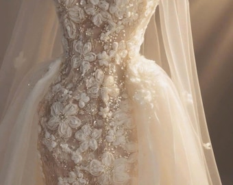 May include: A strapless ivory wedding gown with intricate floral embroidery and sparkling embellishments. The bodice is adorned with 3D flowers and the skirt features a flowing, sheer overlay. A delicate veil cascades down the back.
