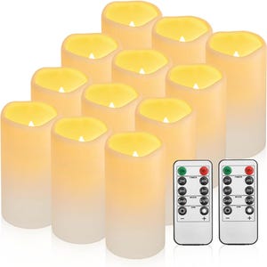 May include: A set of eleven ivory-colored flameless LED candles with a soft, glowing light. Two remote controls are included, featuring buttons for on/off, timer settings, and light mode adjustments. The candles are cylindrical.