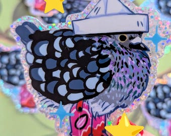 May include: A sparkly sticker of a cartoon pigeon wearing a sailor hat and red cowboy boots. The pigeon is surrounded by glitter and stars.