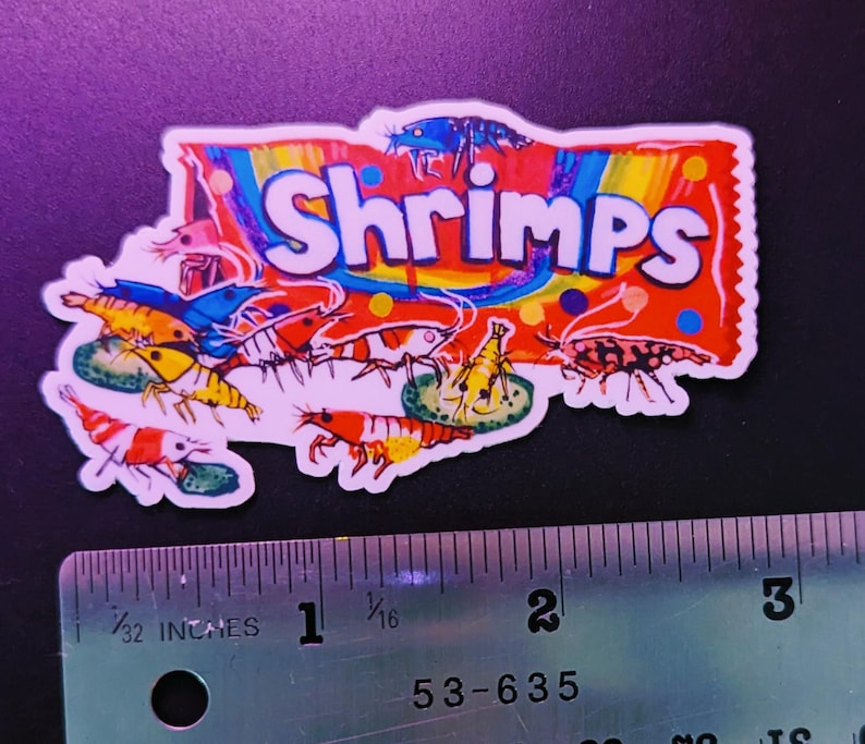 May include: A colorful sticker featuring the word "Shrimps" in white letters on a red and yellow background. The sticker showcases various shrimp illustrations in shades of red, yellow, blue, and black. A ruler is placed below the sticker.