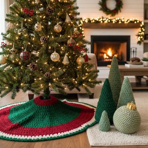 Può includere: Una gonna per albero di Natale all'uncinetto di forma rotonda, con fasce concentriche rosso scuro, verde bosco e un bordo esterno bianco. Accanto all'albero ci sono quattro alberi all'uncinetto a forma di cono e una pallina all'uncinetto verde chiaro.