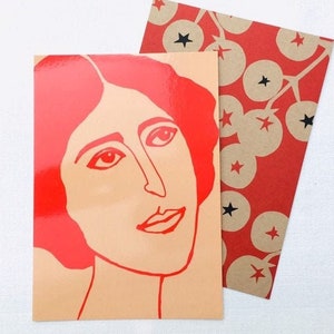 Lot de 2 cartes postales XL (A5), imprimées d'un portrait de femme et de tomates, illustrées par Celinda.