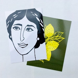 Ensemble de 2 cartes postales XL (A5), imprimées avec portrait féminin et citrons, illustrées par Celinda.