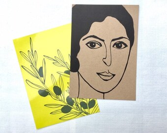 Set of 2 XL postcards (A5), printed with female portrait and olives, illustrated by Celinda.