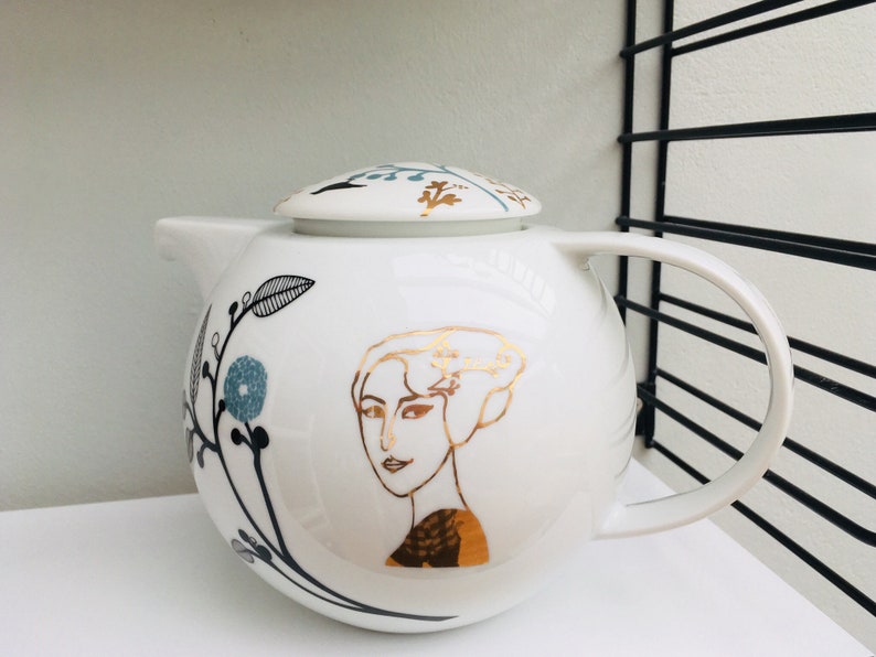 Vintage teapot screenprinted with lady Josephine and flowers
