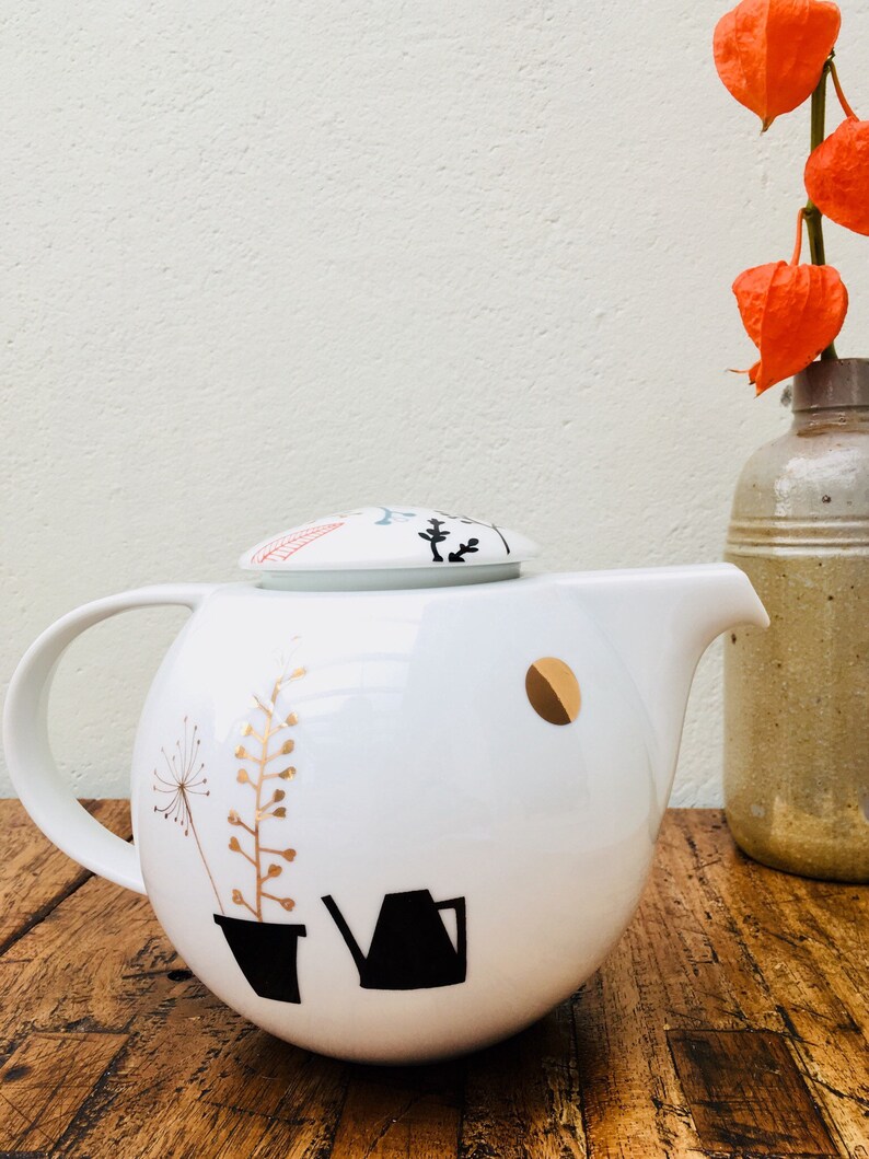 Vintage teapot screenprinted with lady Josephine and flowers