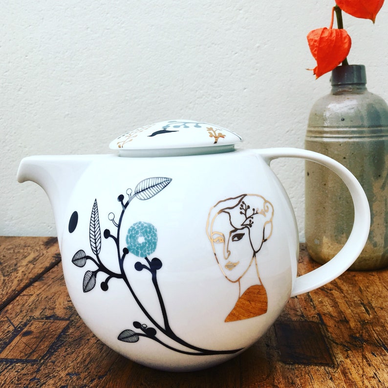Vintage teapot screenprinted with lady Josephine and flowers