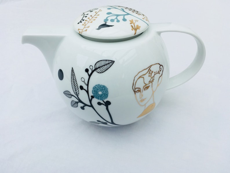 Vintage teapot screenprinted with lady Josephine and flowers
