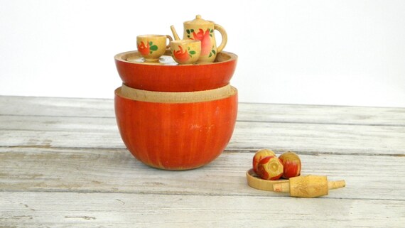 wooden apple tea set