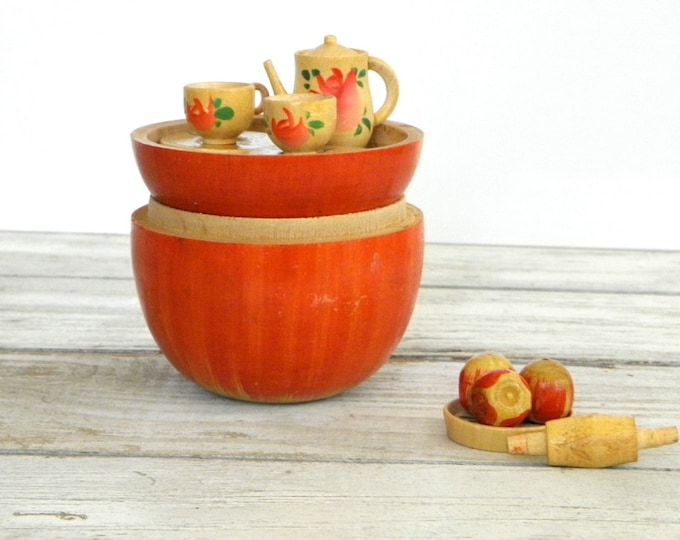 Vintage Wooden Apple Tea Set Miniature Hand Painted Japan Nesting Box