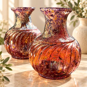 Antique Dugan Pompeian Frit Art Glass Vases, Iridescent Amethyst Ruby Venetian Glass (Pair)