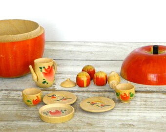 Vintage Wooden Apple Tea Set Miniature Hand Painted Japan Nesting